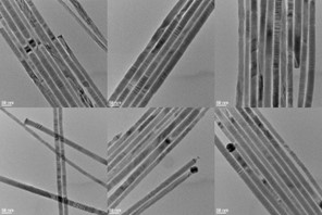 6 panels of TEM images of straight and smooth nanowires