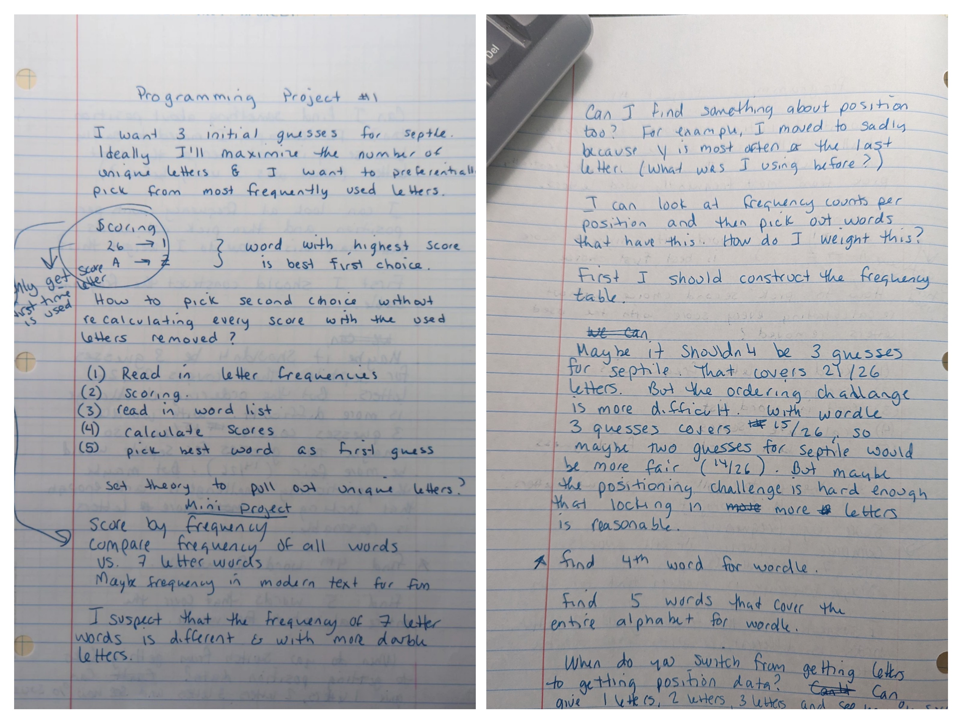 Two handwritten pages entitled "Programming Project 1"