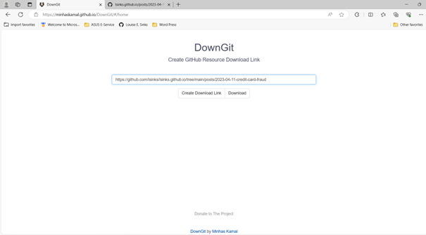 A screenshot of the down_git page with the URL for the GitHub subfolder with my credit card fraud tutorial.