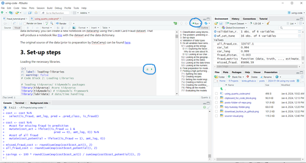 A screen shot of the RStudio IDE. The code cell run button and the global run button are circled in blue.