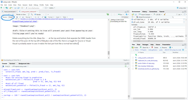 A screen shot of the RStudio IDE. The source/ visual toggle in the upper left corner is circles in blue